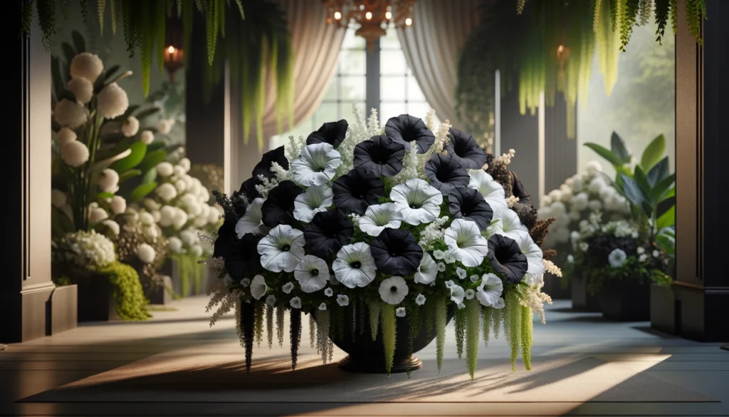 Black and White Petunias in Arrangements