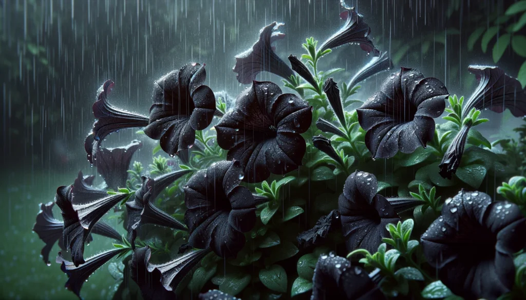 Black Petunias in Rain