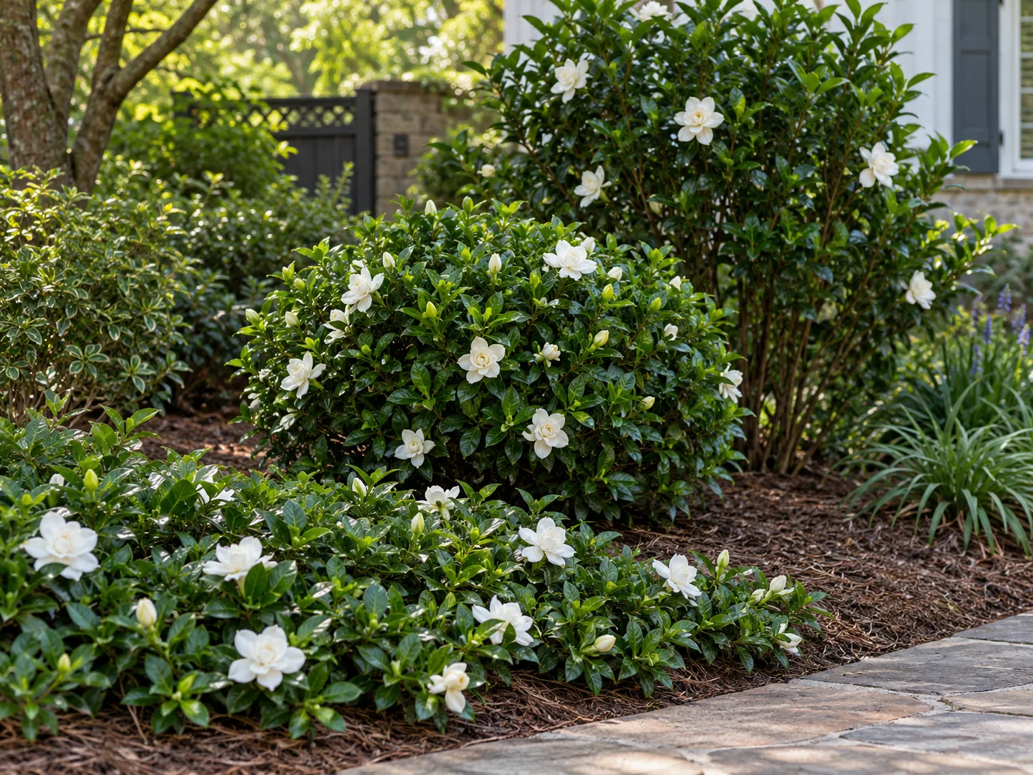 Gardenia shrubs at different sizes in an outdoor landscape bed