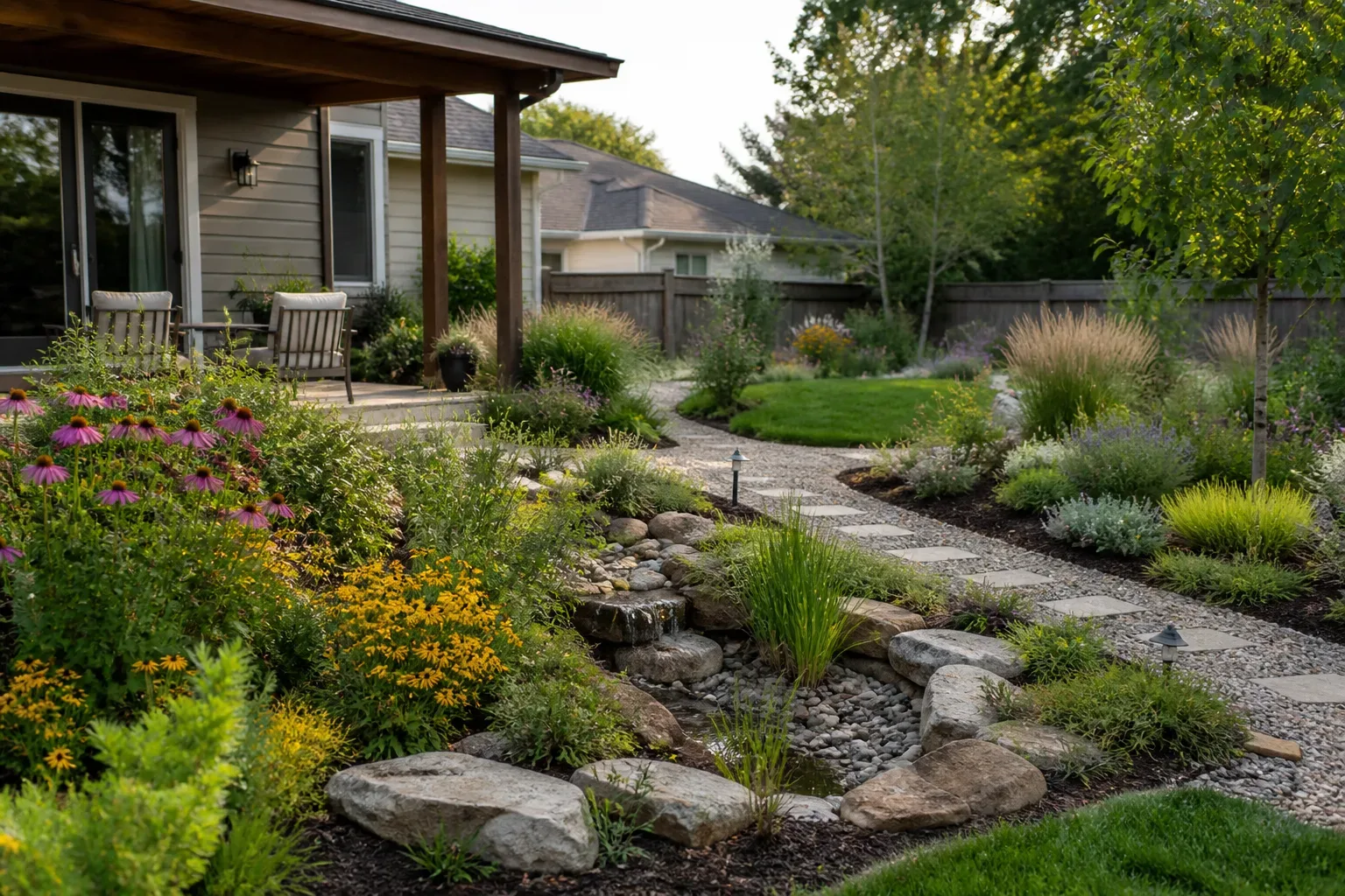 Modern suburban backyard with layered native planting beds, pollinator flowers, rain garden basin, and reduced lawn connected by gravel paths