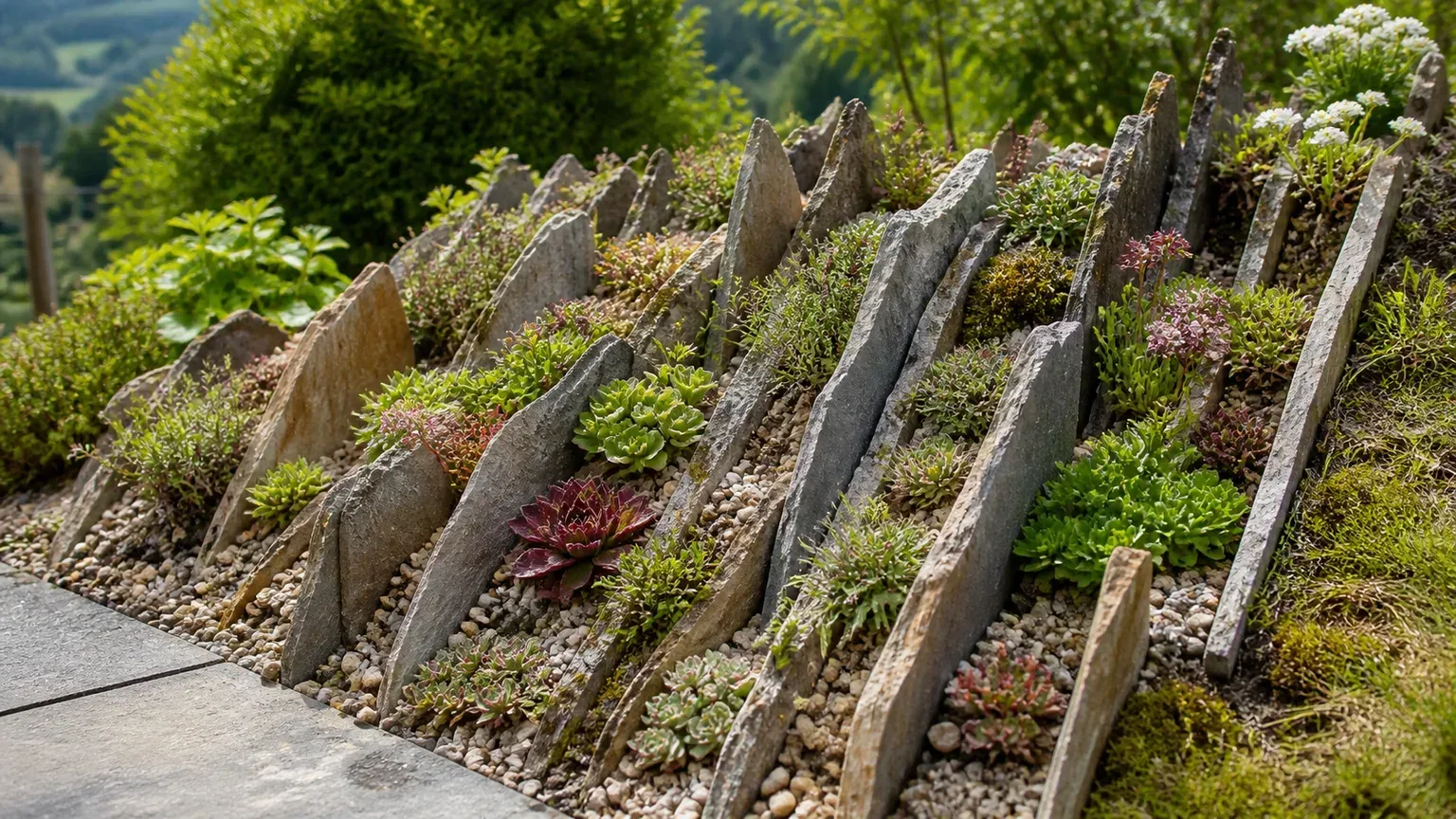 Upright stone slabs forming narrow planting channels in a sunny crevice garden