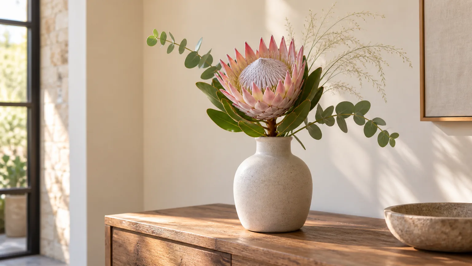A single blush king protea arranged in a simple ceramic vase