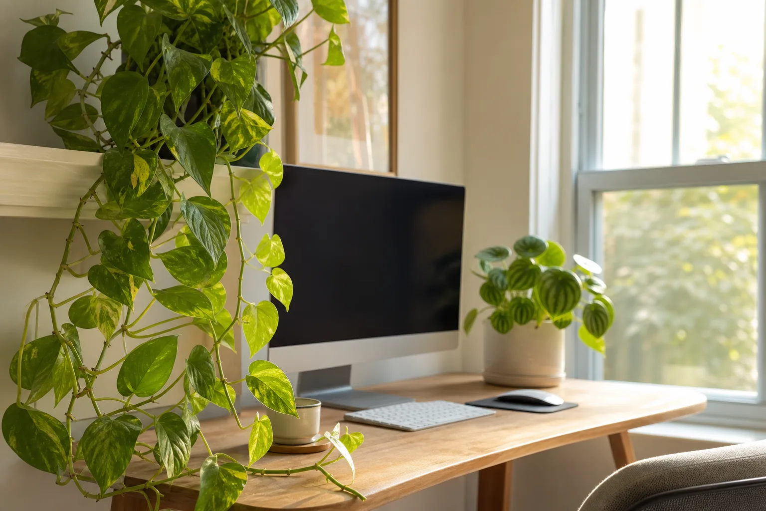 Home office desk with pothos and peperomia in soft natural daylight
