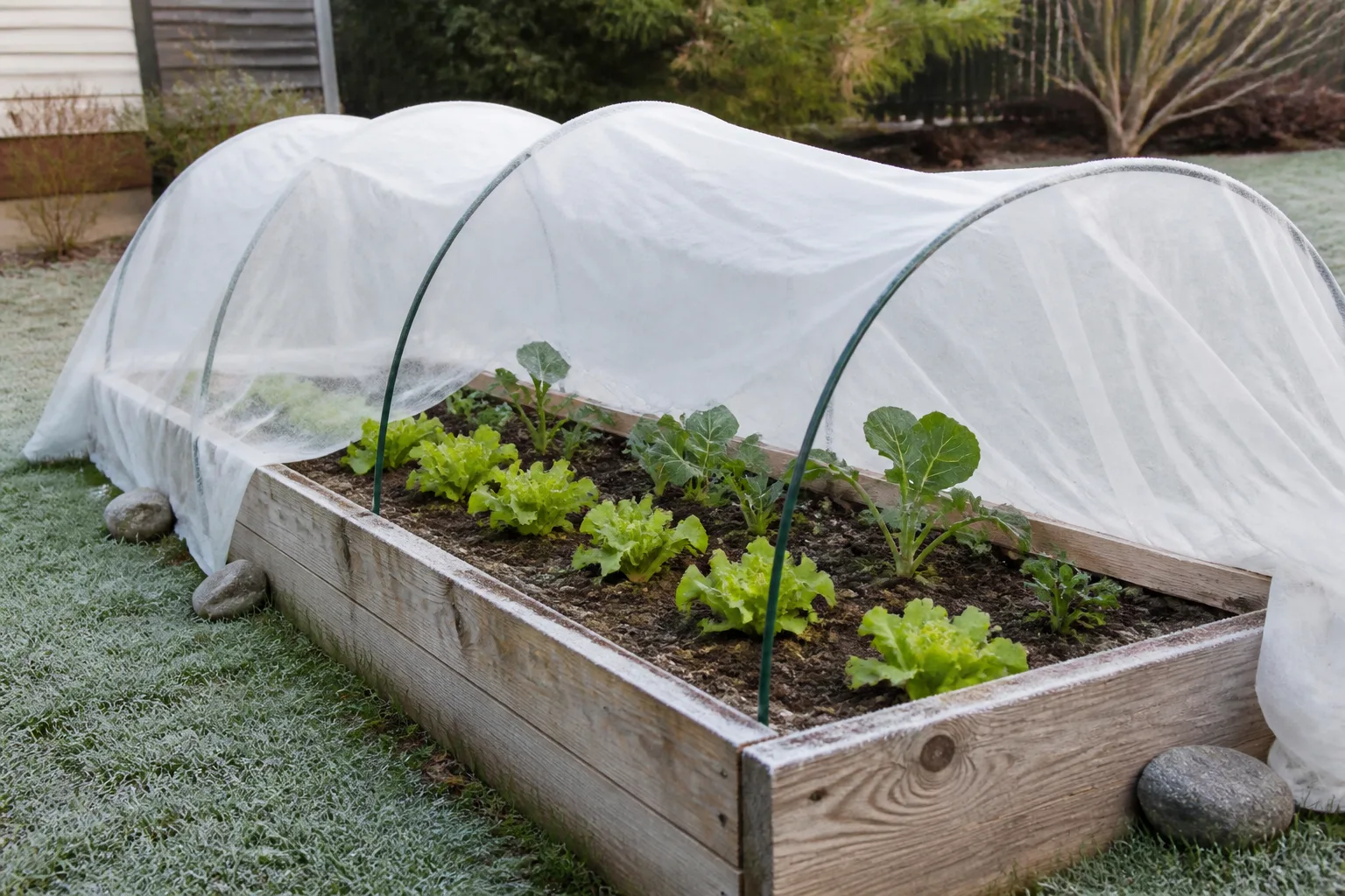 Raised garden bed covered with frost cloth draped over wire hoops, fabric anchored at the soil line