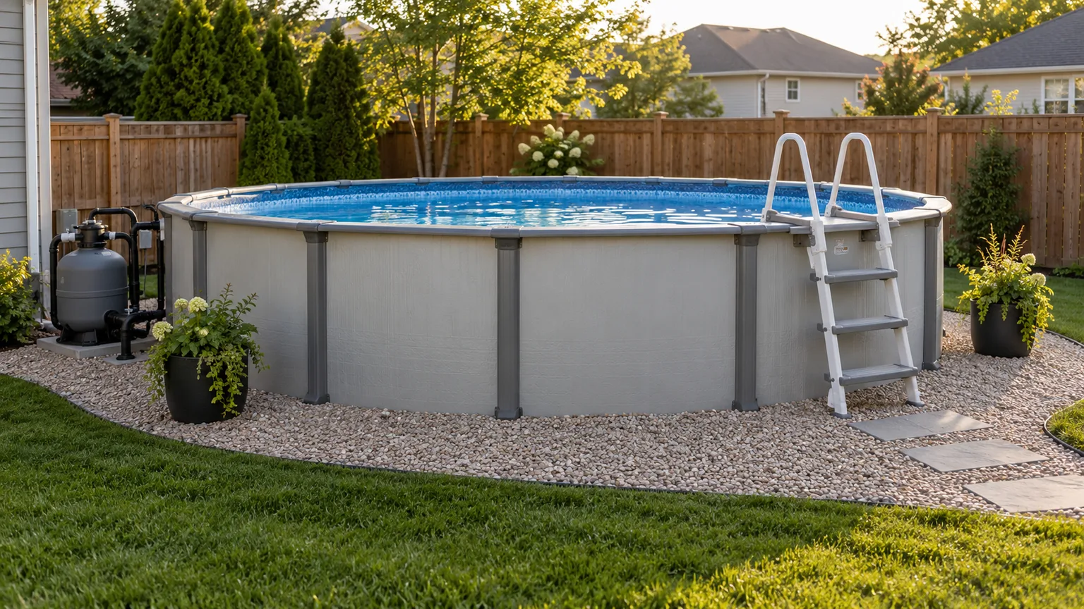 Broad stepping stones cross a gravel border beside a backyard pool
