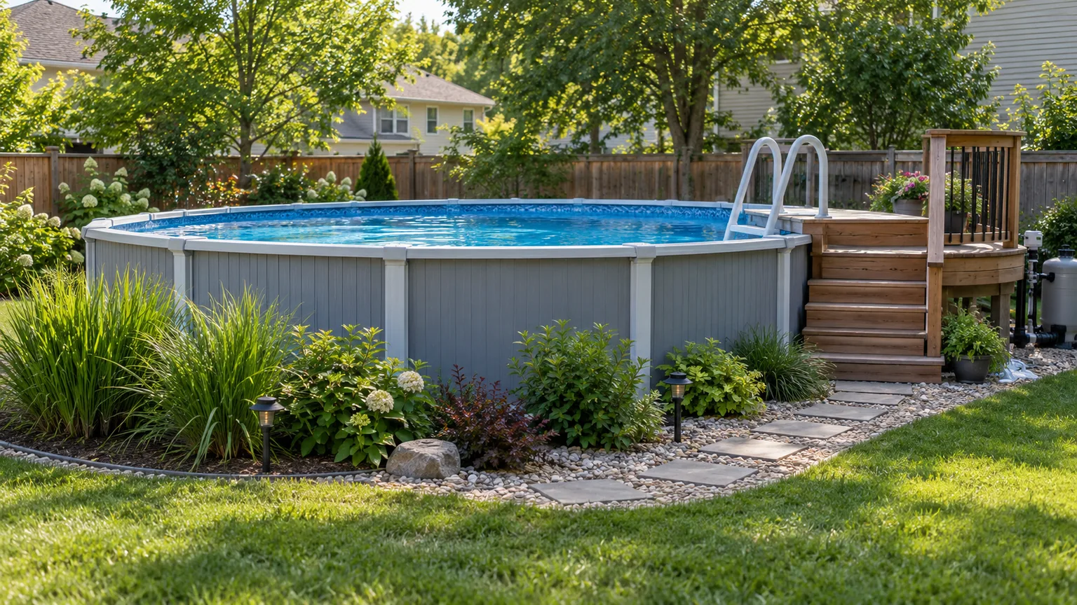 Above-ground pool with an entry deck, gravel path and layered backyard planting