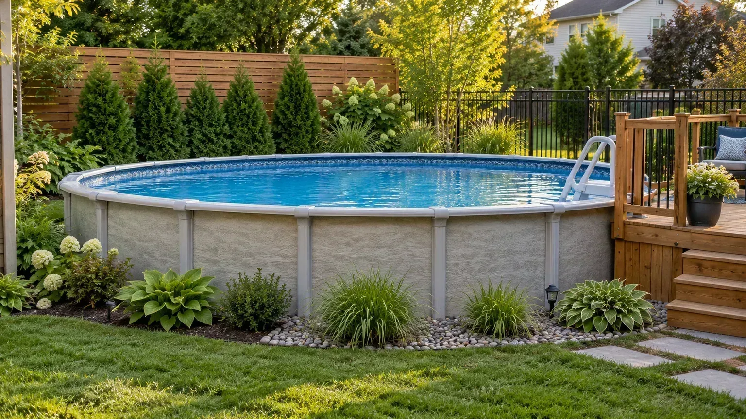 Above-ground pool framed by a separate slatted screen and layered, set-back plantings