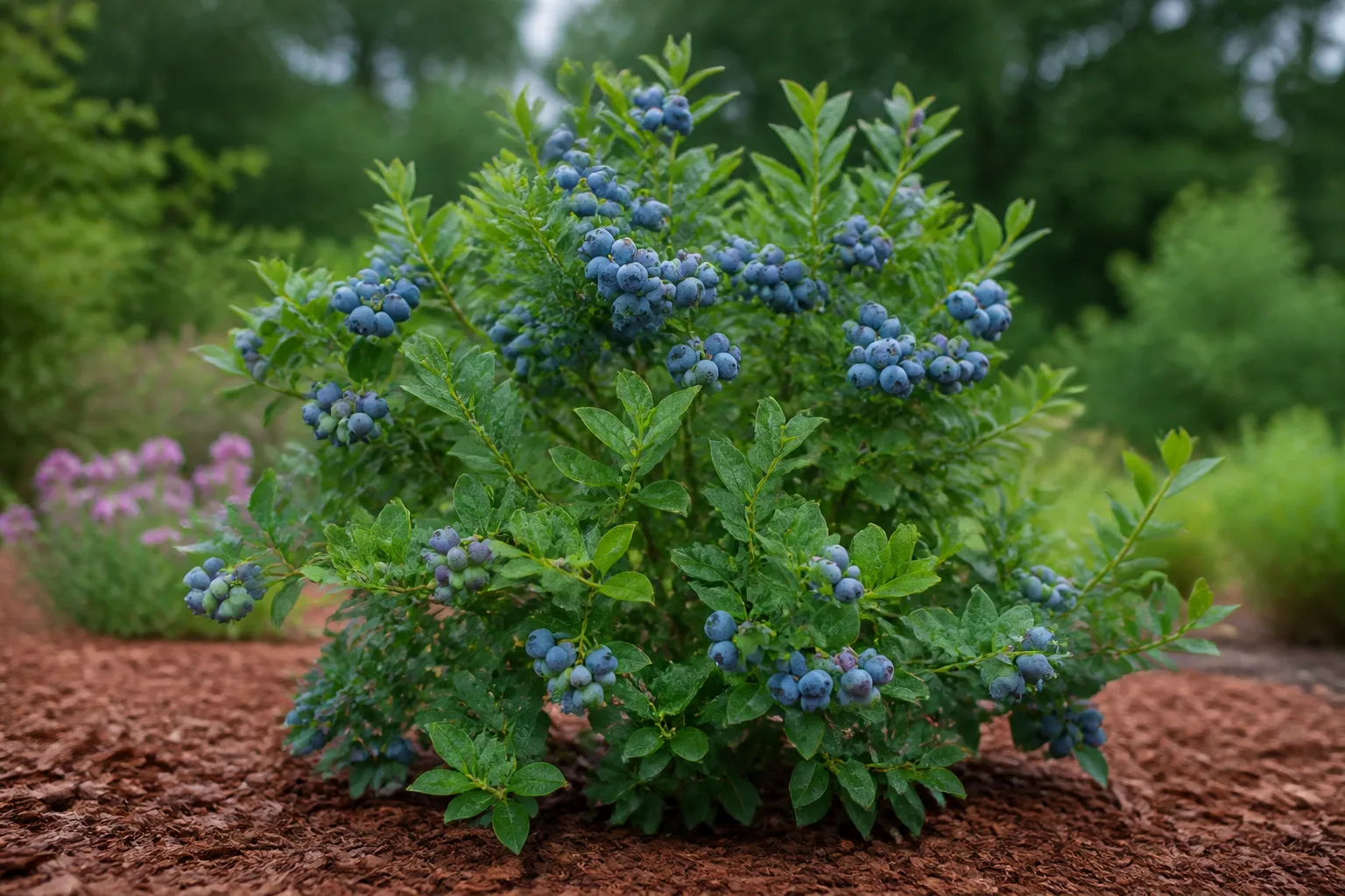 Blueberry bush with ripe fruit growing in acidic soil conditions