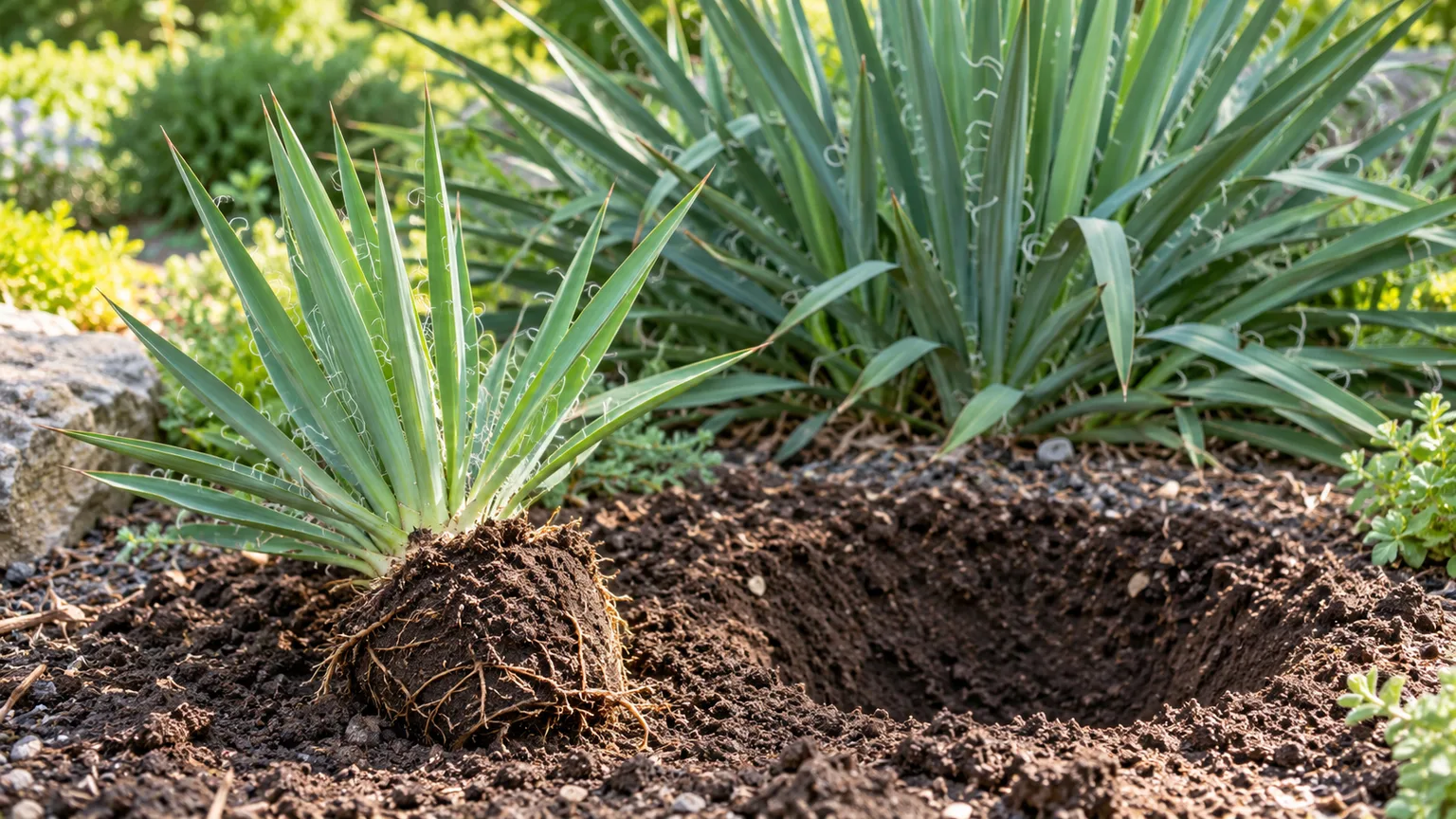 A rooted Adam’s needle offset separated for division and ready to replant in a freely draining bed