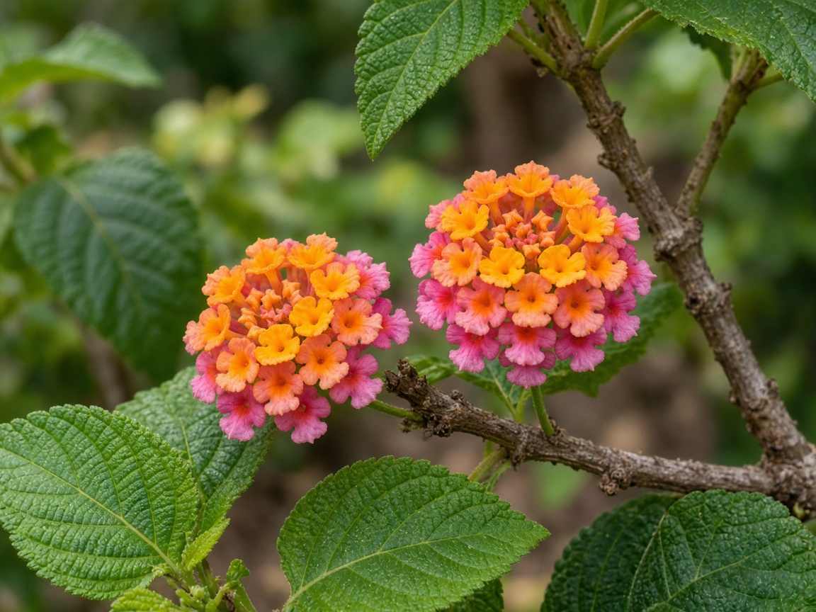 Close view of lantana flower clusters with bicolored orange-to-pink blooms and rough green leaves