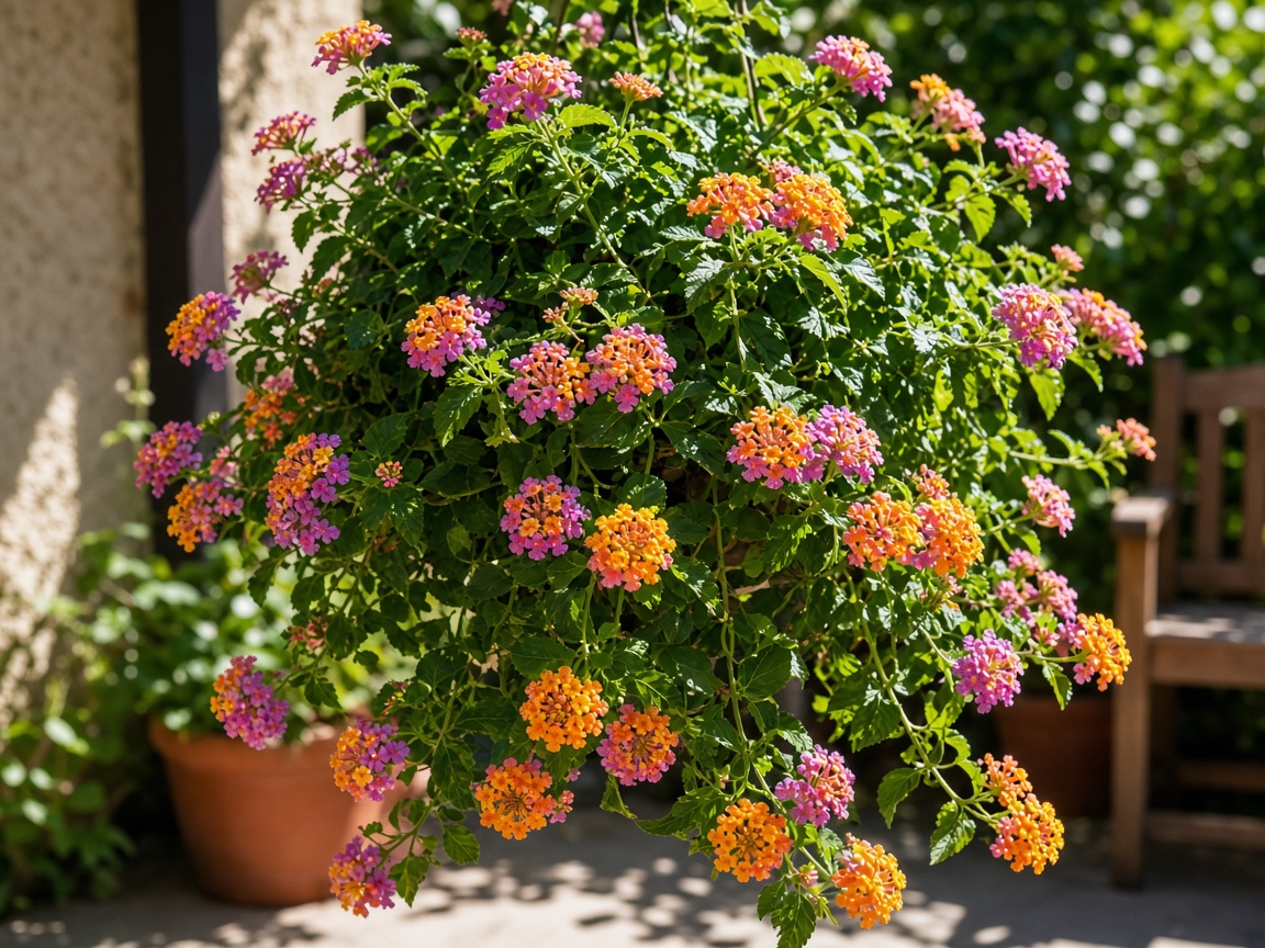 Trailing lantana cascading from a sunny patio hanging basket with colorful blooms
