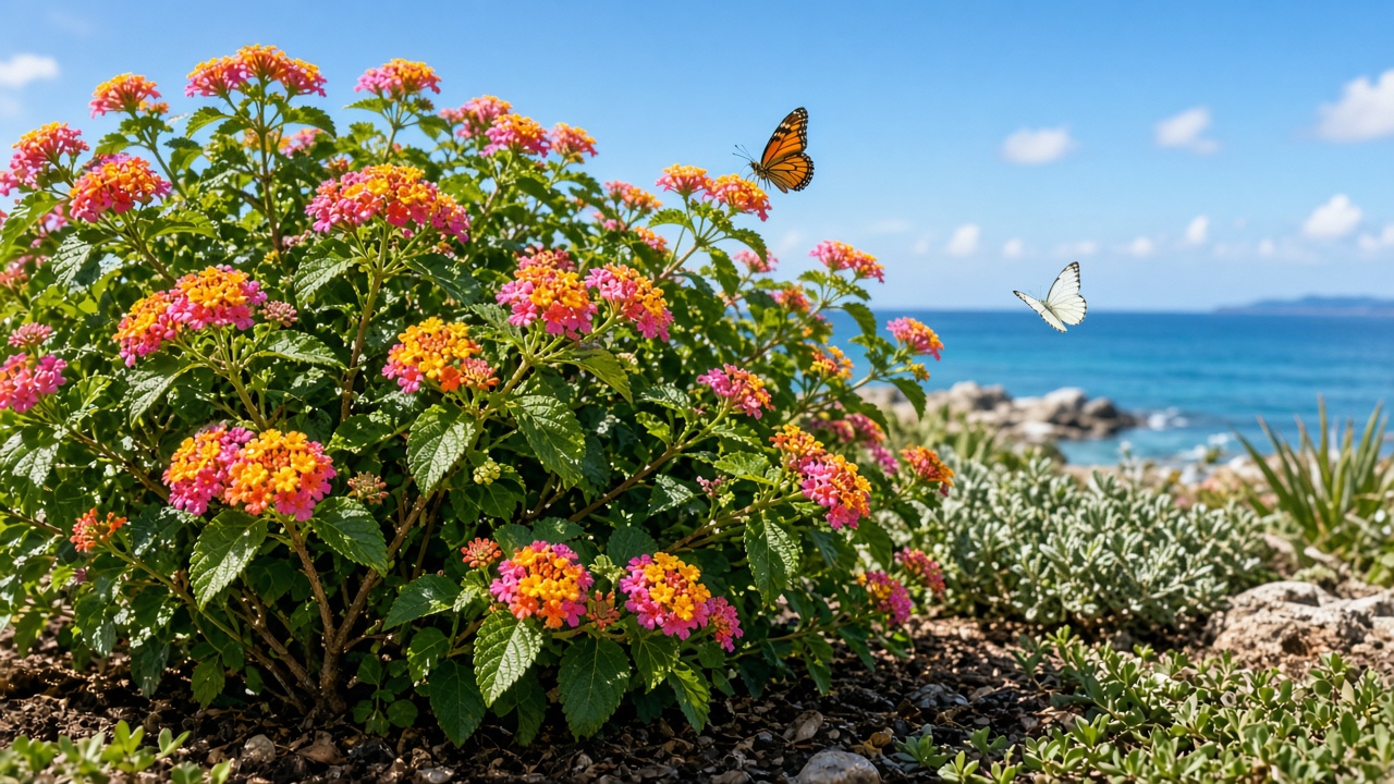 Lantana shrub in full sun with multicolored orange yellow and pink flower clusters in a garden bed