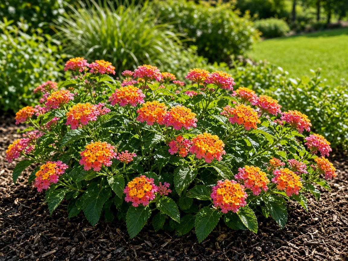 Lantana planted in a sunny well-drained garden bed with mulch at the base