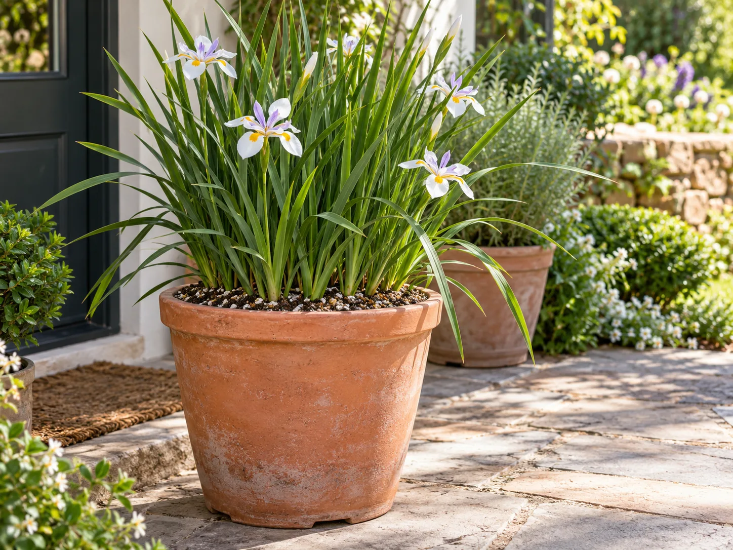 African iris growing in a draining patio pot that can be moved to winter shelter