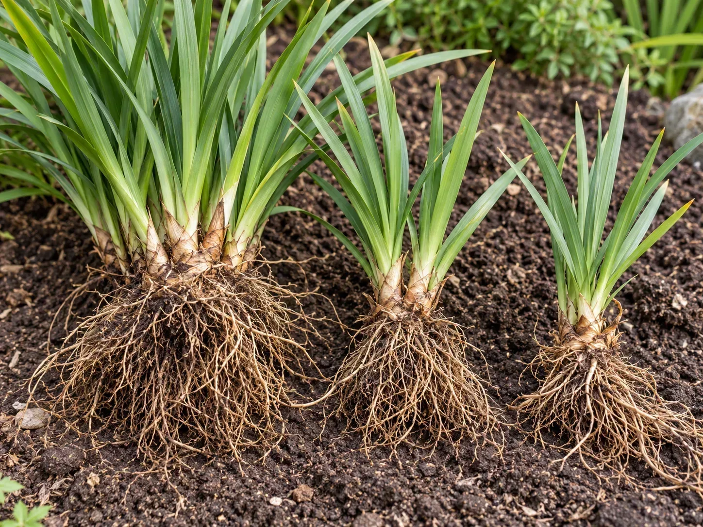 African iris divisions with narrow green leaf fans and fibrous roots separated for replanting