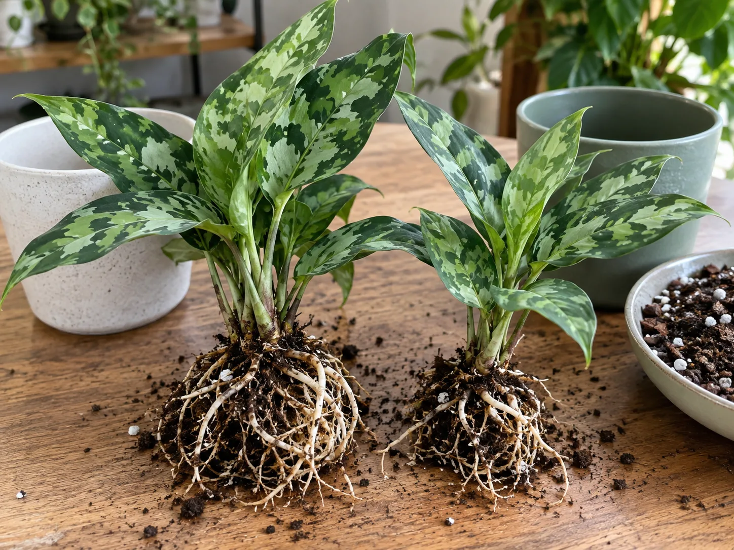 Rooted Aglaonema pictum tricolor sections separated for propagation and ready for individual pots
