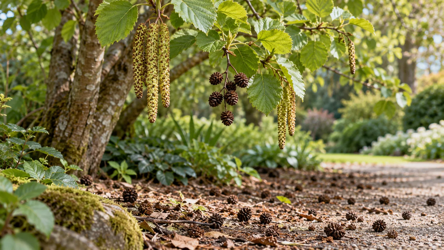 Alder strobiles and spring catkins showing why these trees leave visible material beneath the canopy