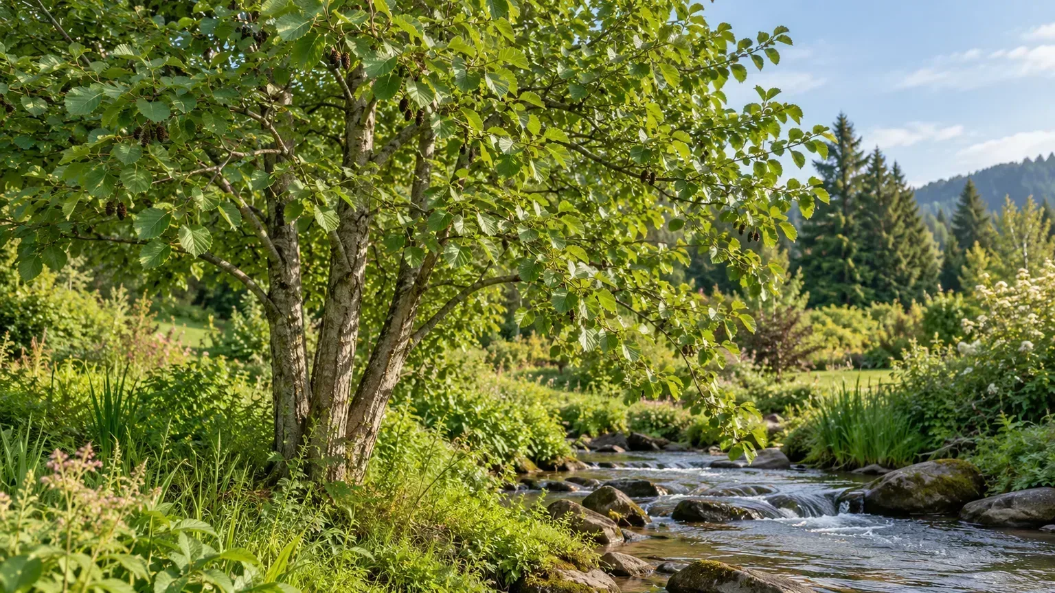 A mature alder tree growing beside a garden stream