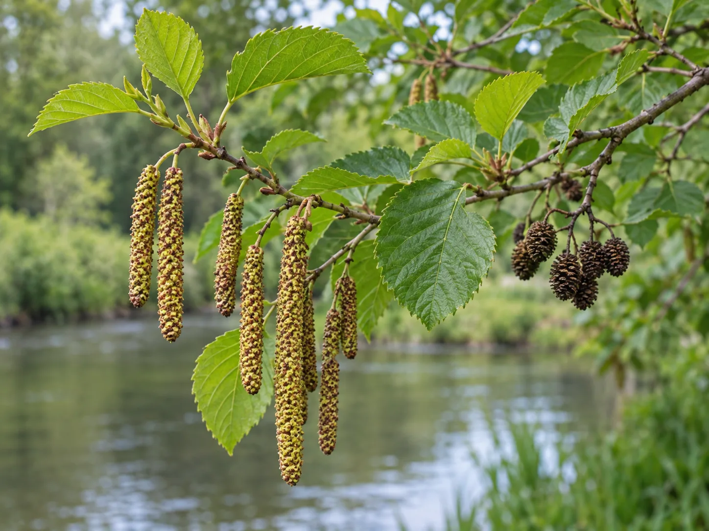 Alder leaves, dangling catkins, and persistent woody strobiles on a twig