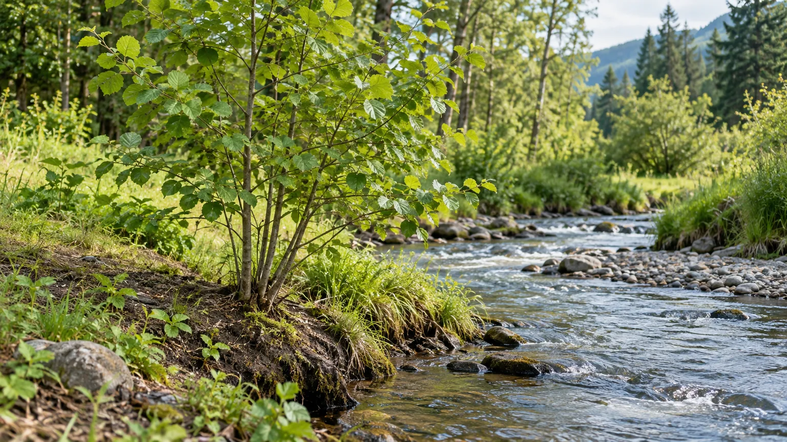 A young alder planted on a moist, open streambank with room for its mature crown