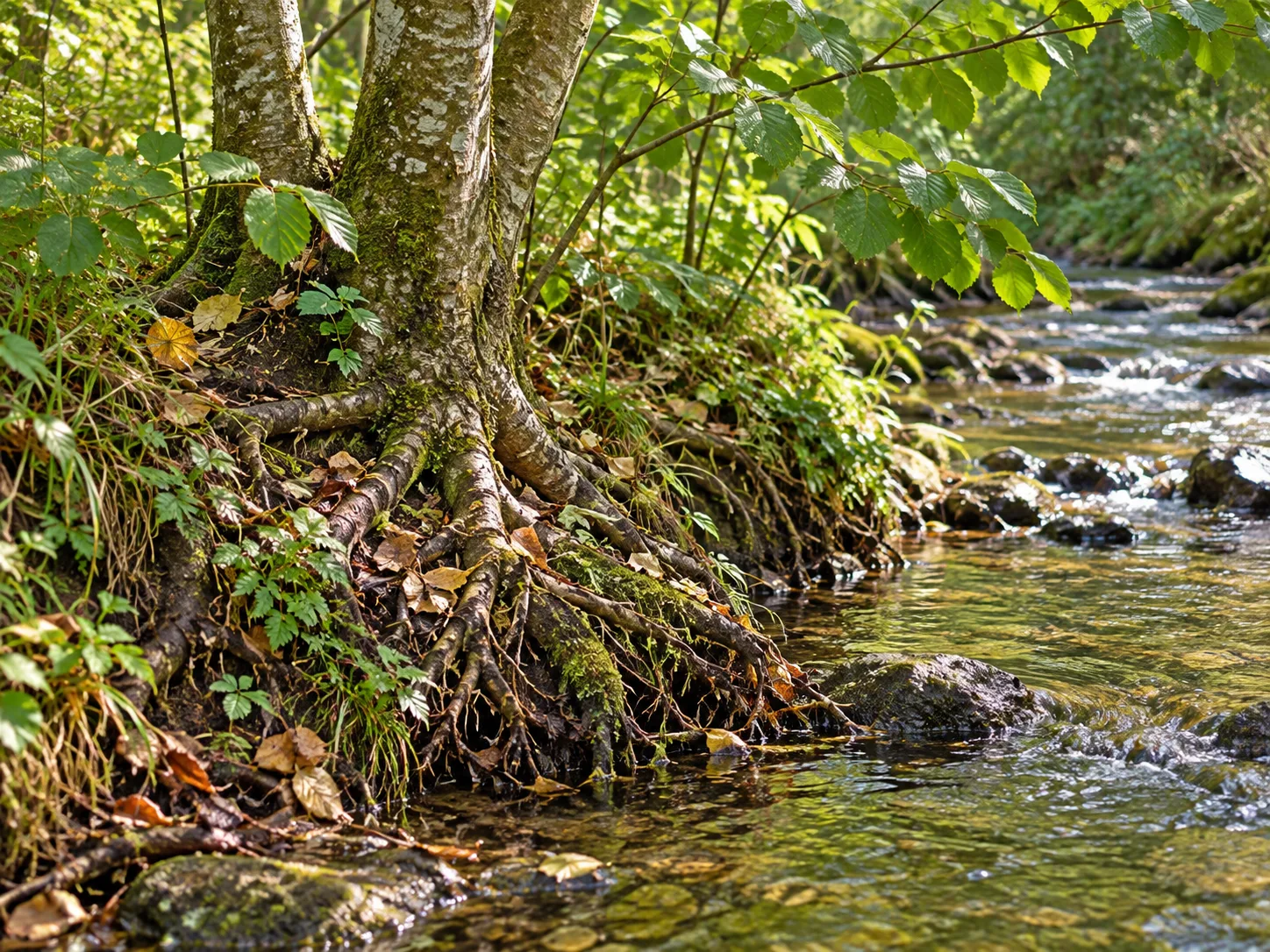 Alder roots hold soil along a moist streambank beneath a mature tree