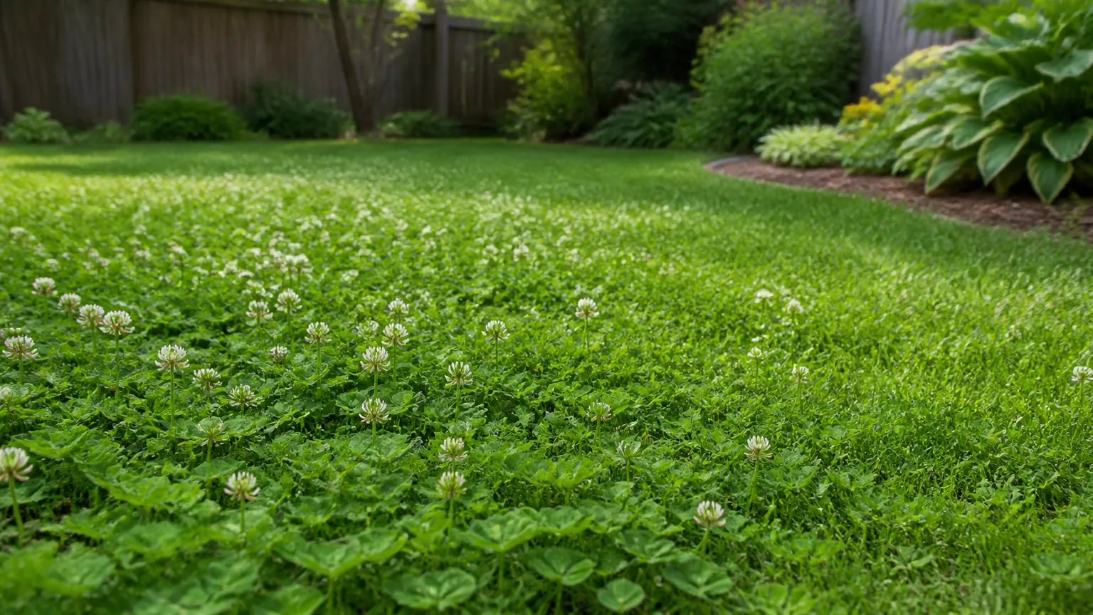Dense white clover lawn with scattered flowers in a backyard garden