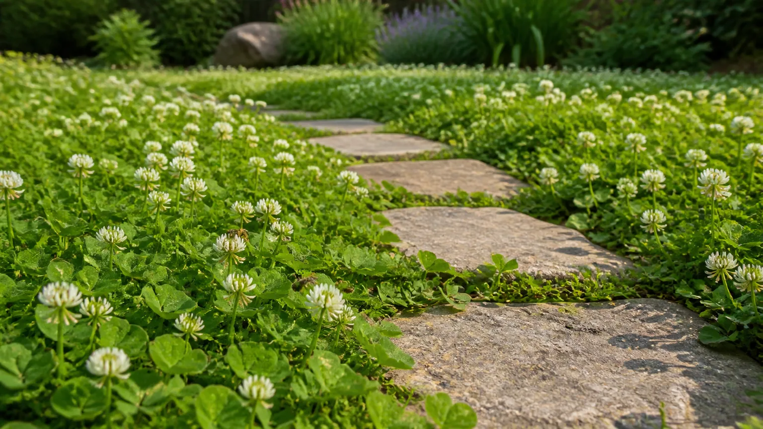 White clover flowering along a garden path, an example of a living cover that needs boundaries