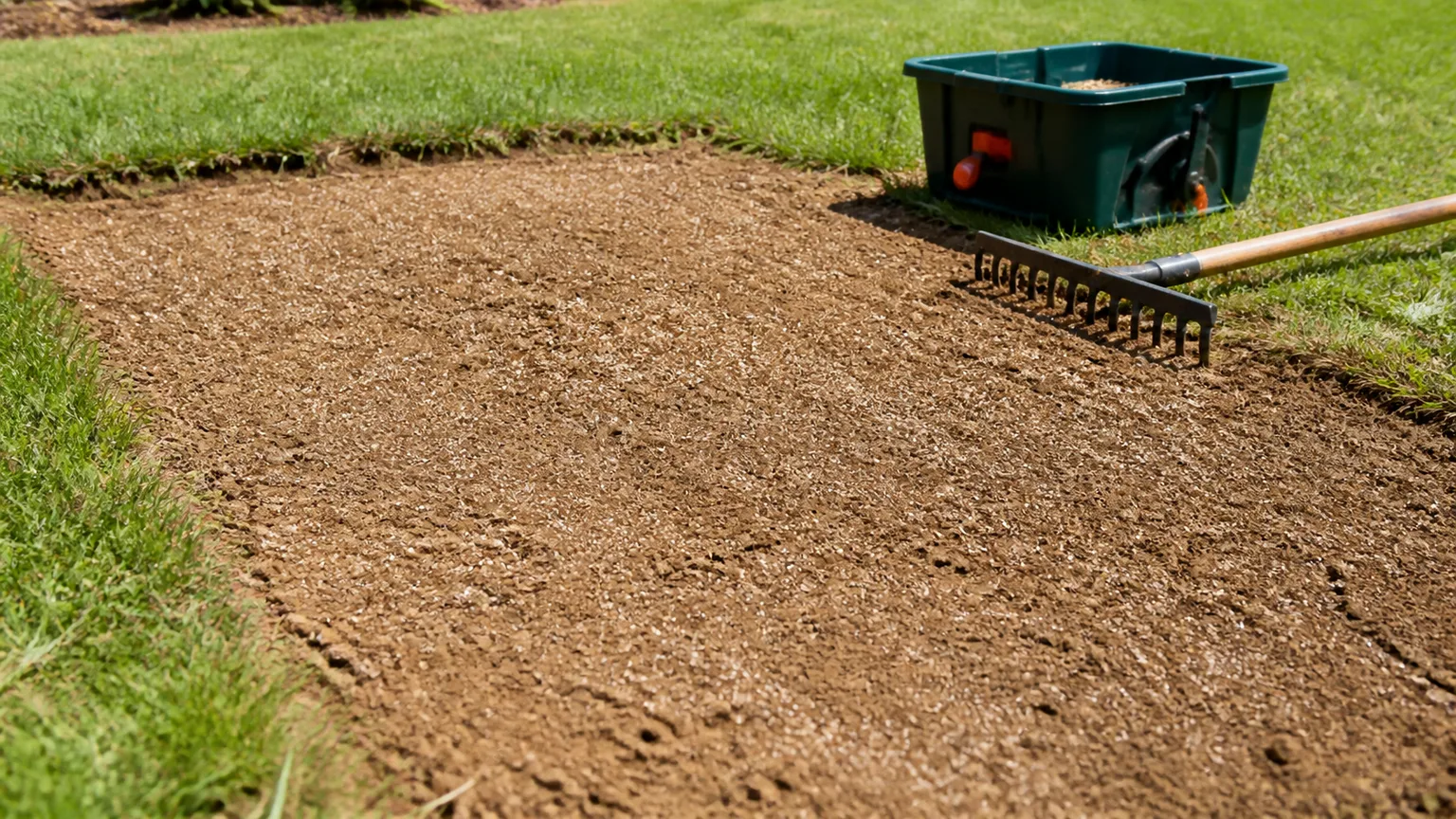 A freshly raked lawn seedbed beside existing grass with a broadcast spreader and rake