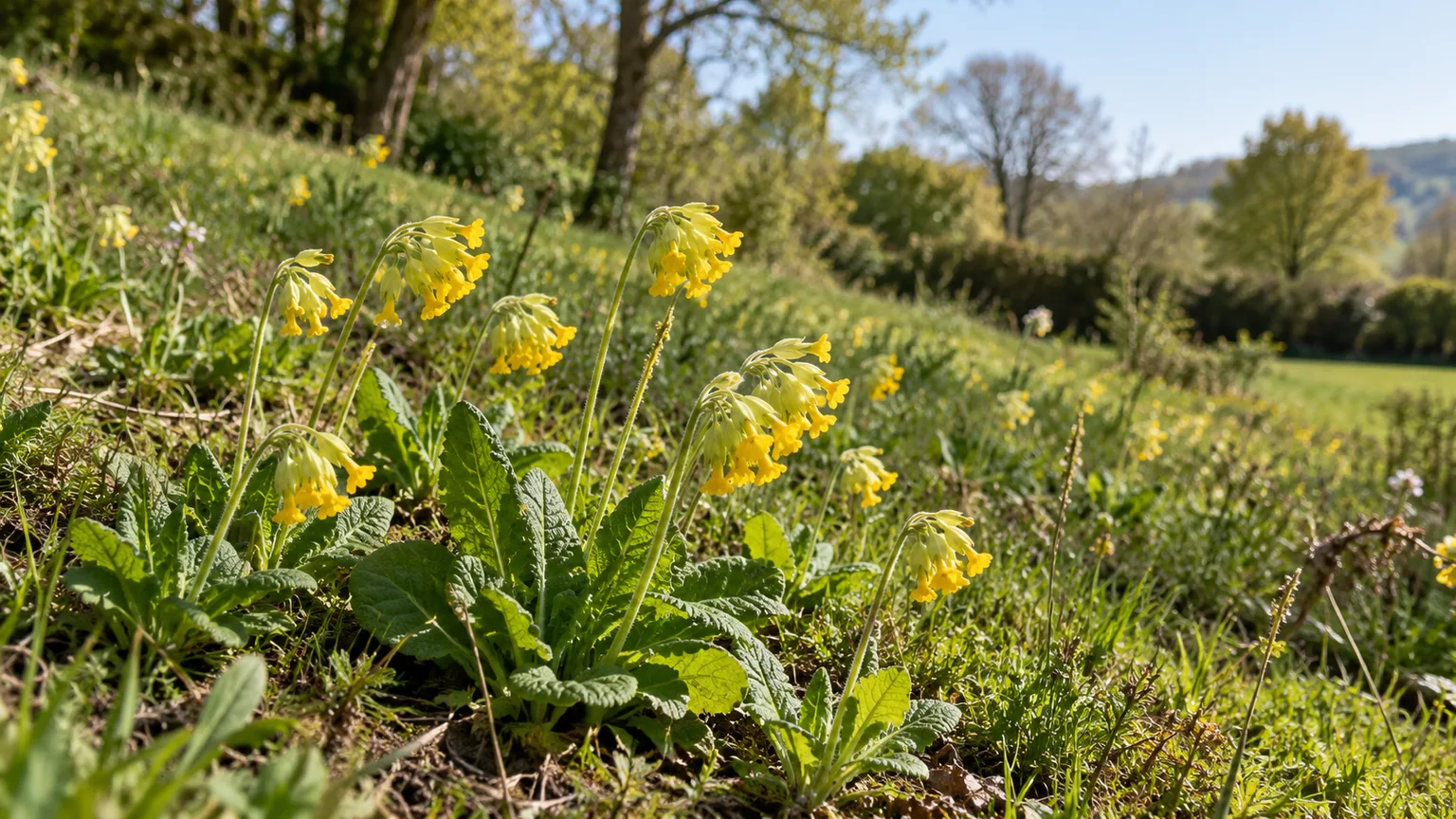 Cowslips growing in an open, well-drained meadow-edge garden with light tree shade