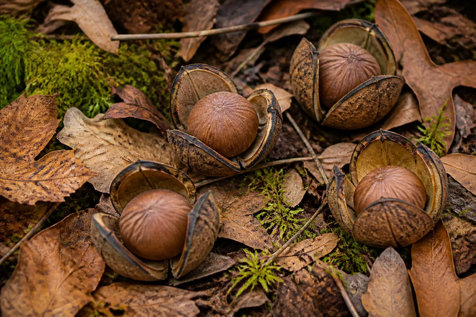 Hickory nuts in split four-part husks on forest leaf litter