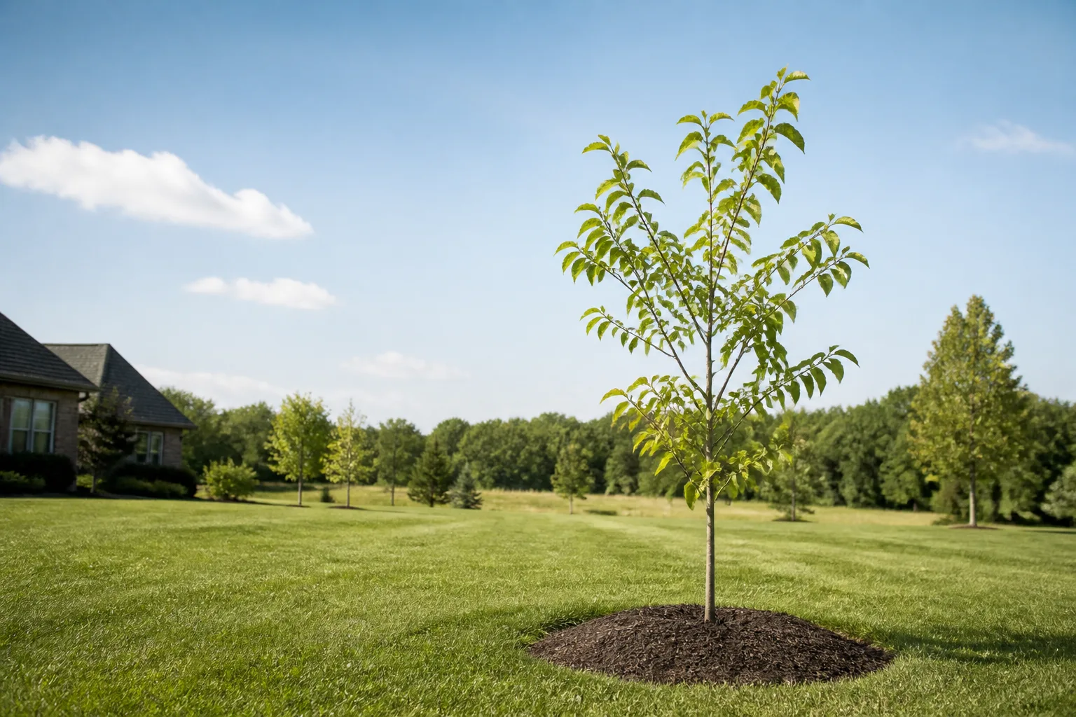 Young hickory sapling with room to grow in a spacious yard