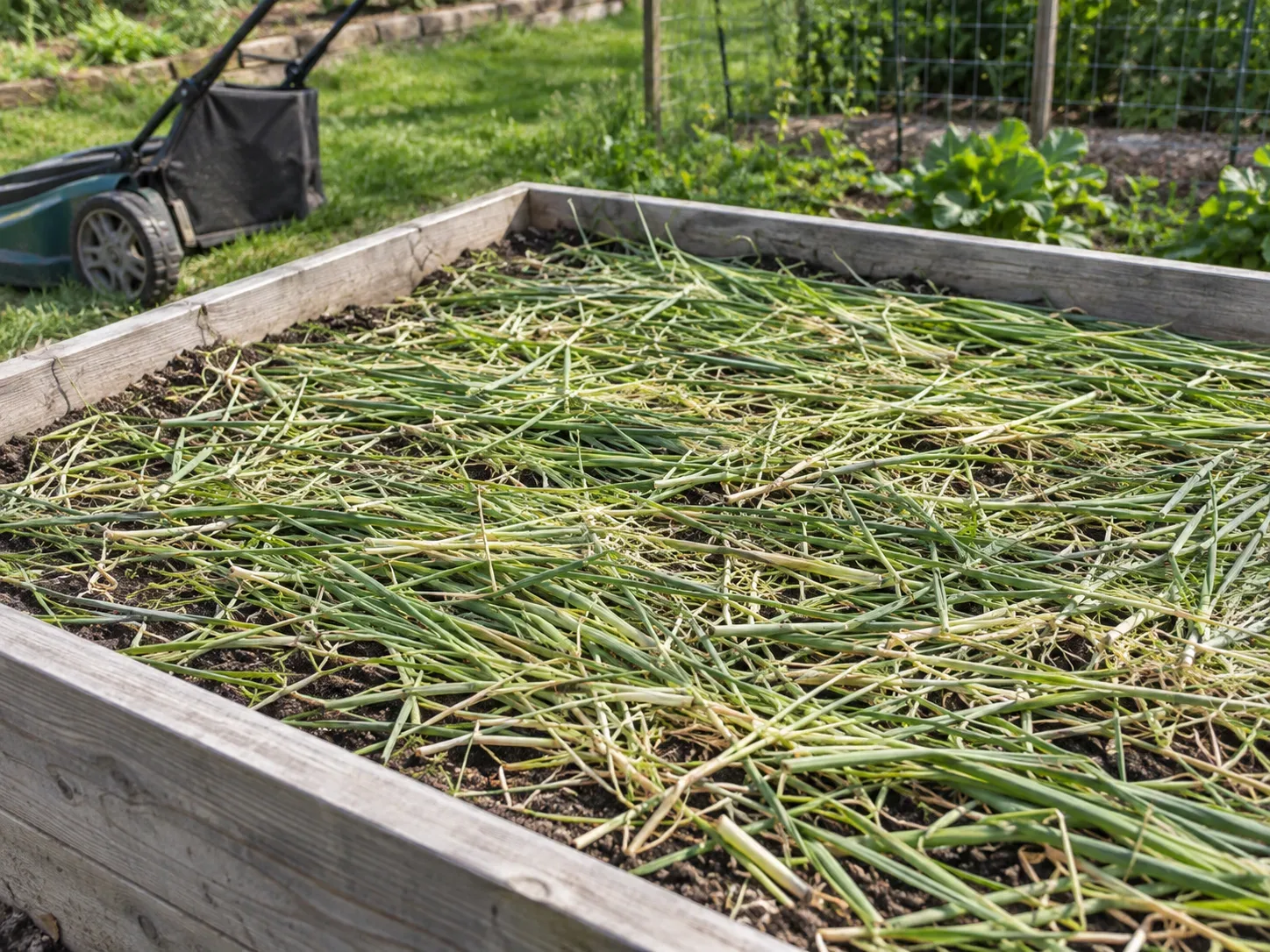 Freshly cut cereal rye spread as mulch in a raised garden bed
