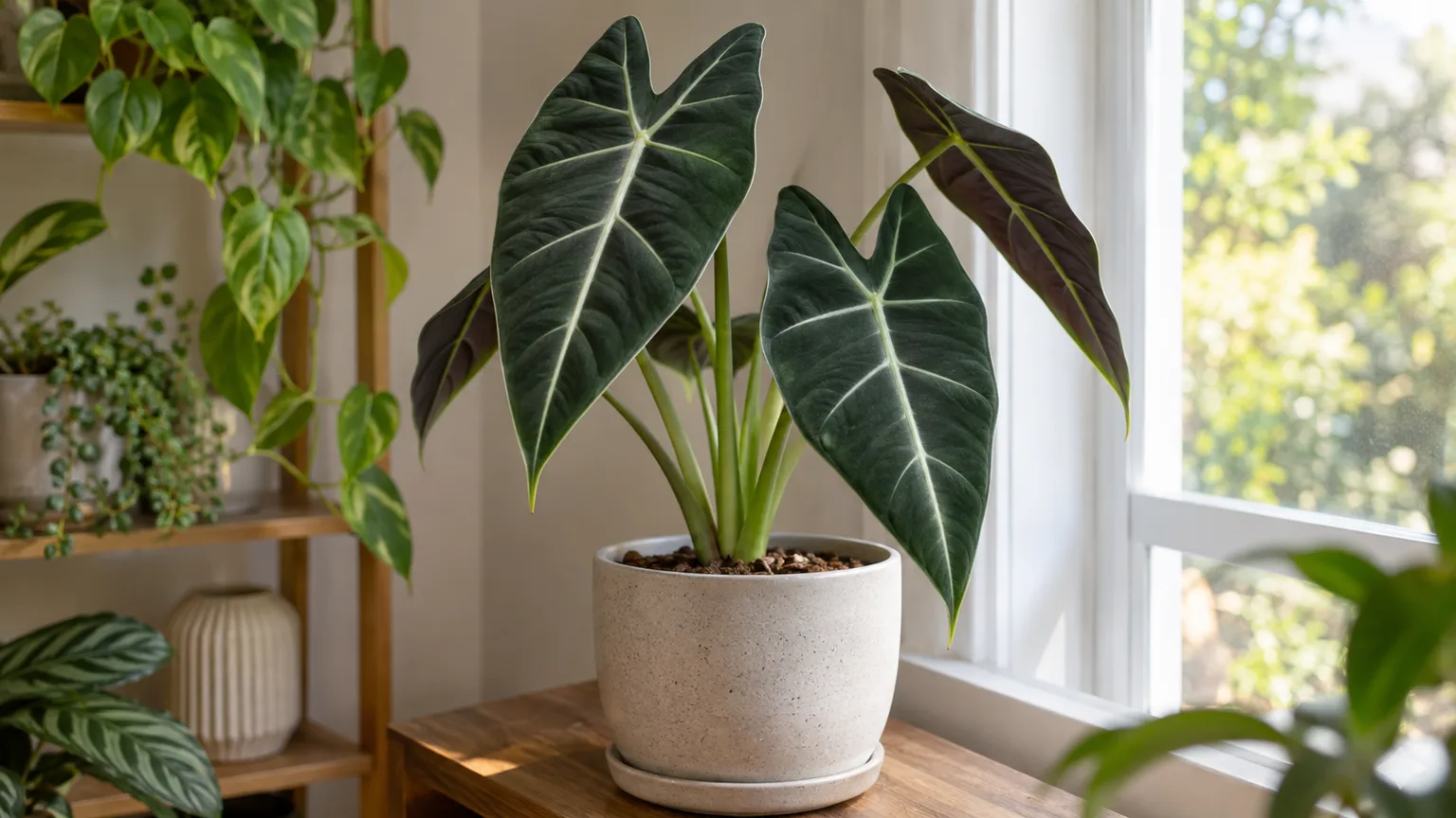 Healthy Alocasia micholitziana 'Frydek' with velvety dark green arrow-shaped leaves and pale veins beside a bright window