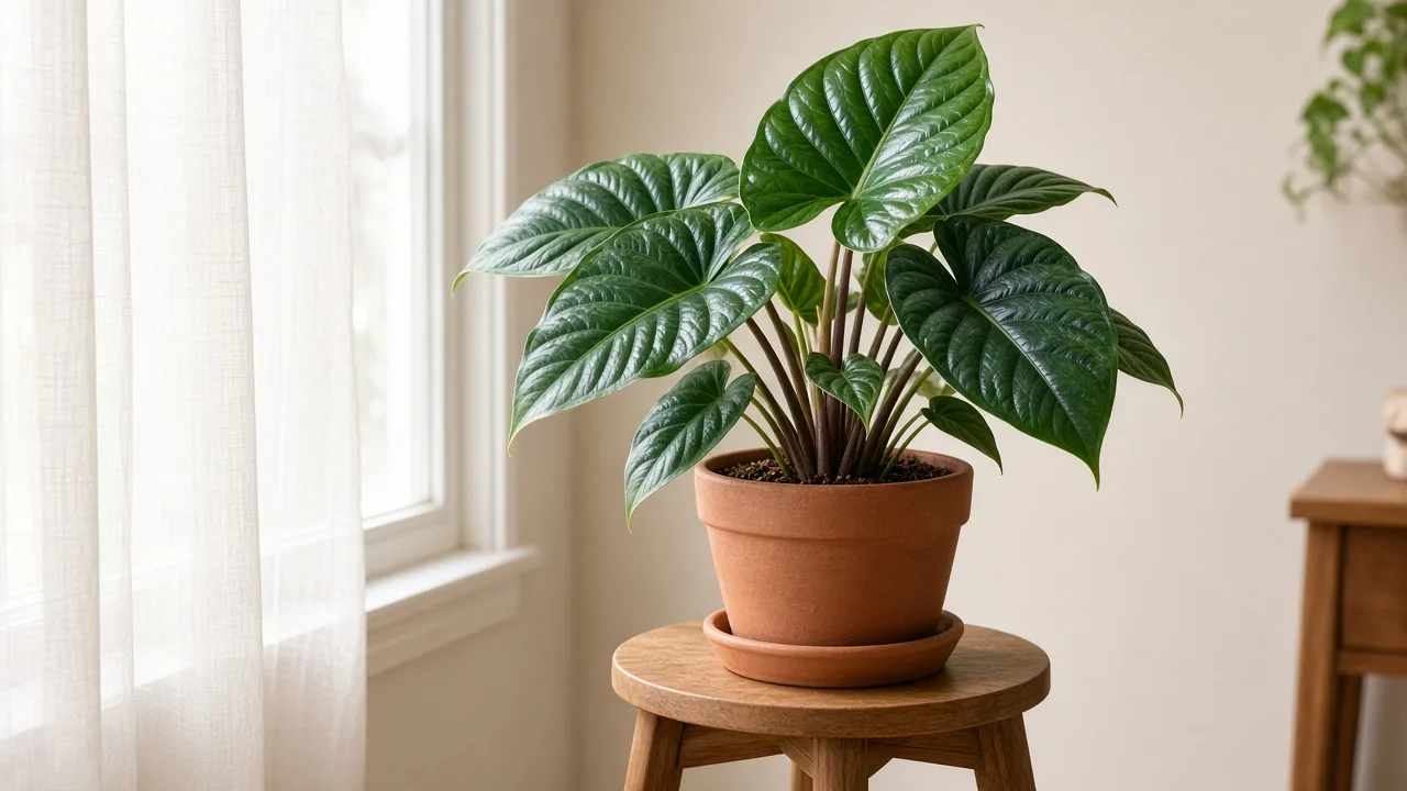 Alocasia wentii hardy elephant ear with large glossy arrow-shaped leaves in bright filtered indoor light