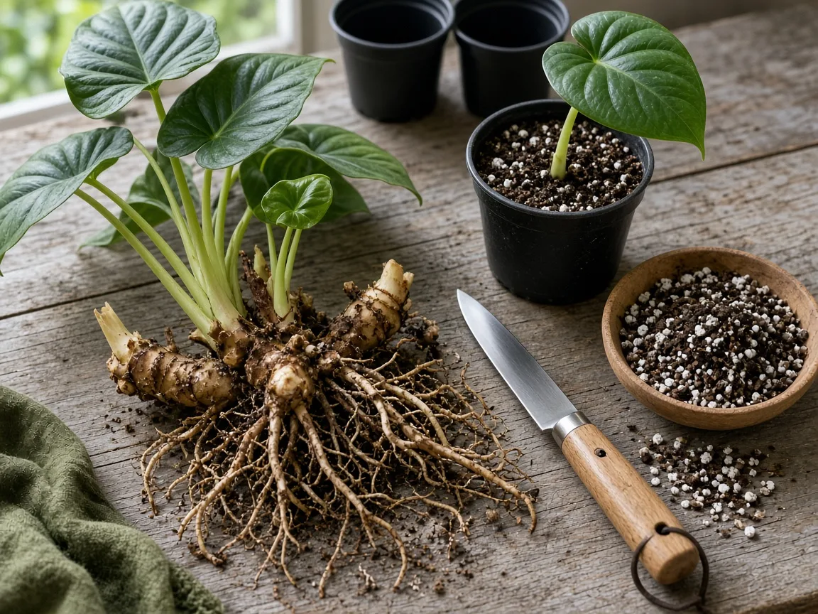 Alocasia rhizome division setup with potting mix and nursery pots on a bench