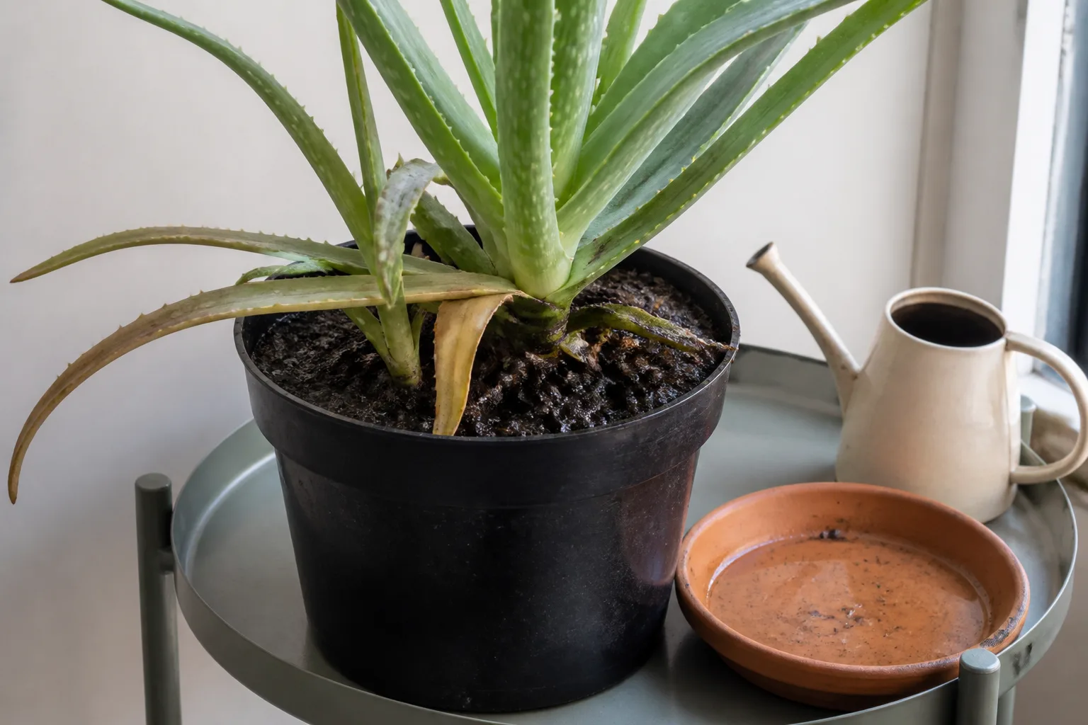 Overwatered aloe vera with soft yellow-brown lower leaves on damp soil