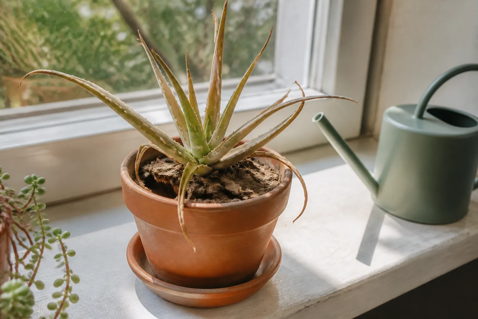 Underwatered aloe vera with thin leaves and dry brown tips
