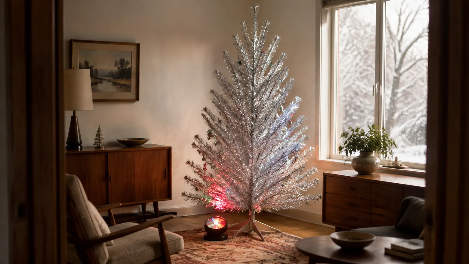 Silver aluminum Christmas tree with an external color wheel in a warm midcentury room