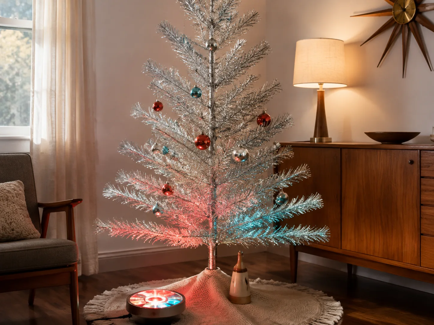 Sparse silver aluminum Christmas tree with restrained ornaments, warm textiles, and an external color wheel