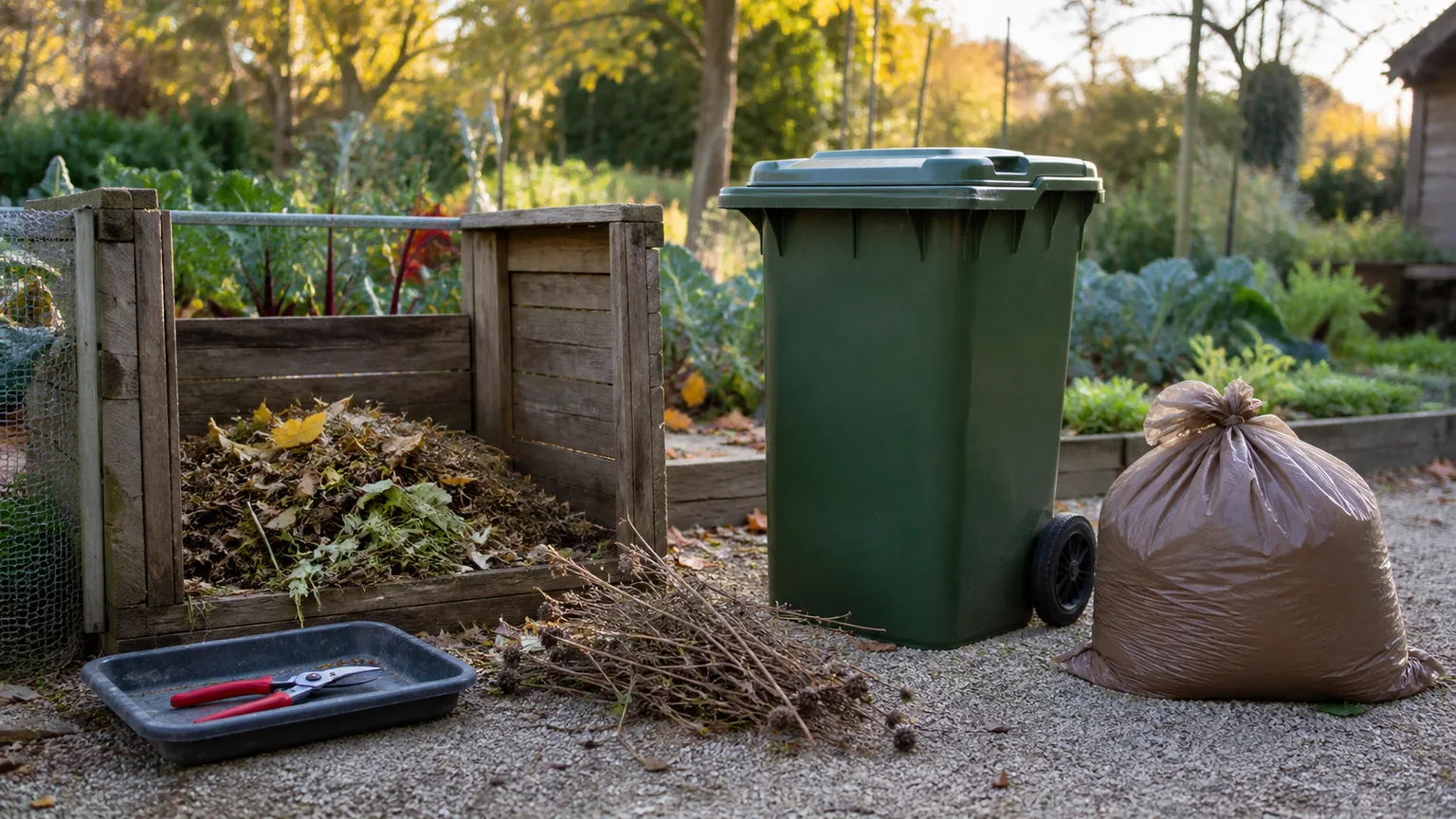 Home compost bin, municipal green-waste cart, and separated bag for suspect garden debris
