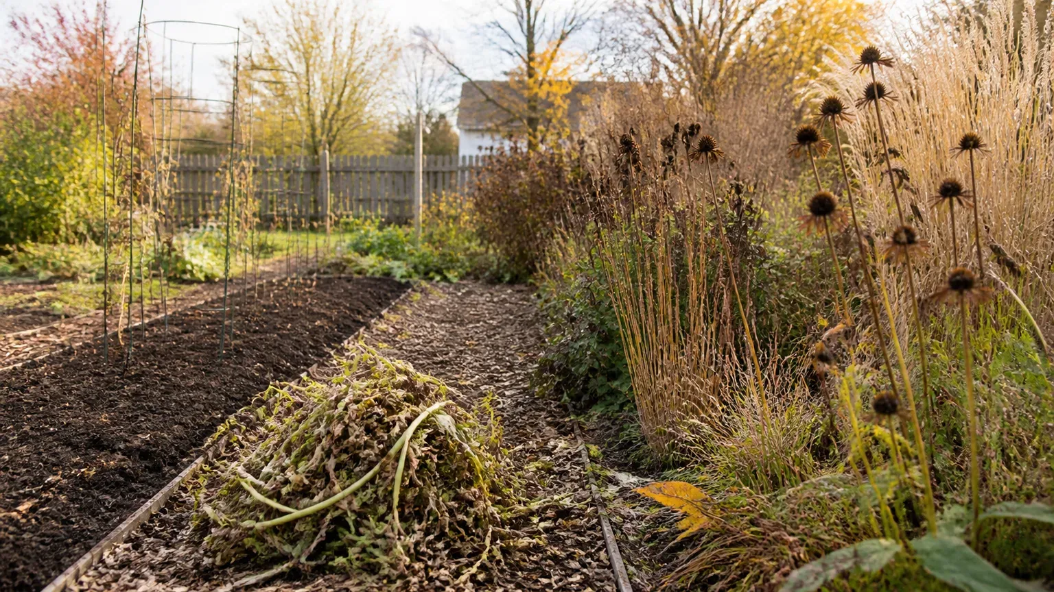Selective fall garden cleanup with cleared vegetable beds beside standing coneflower seed heads and grasses