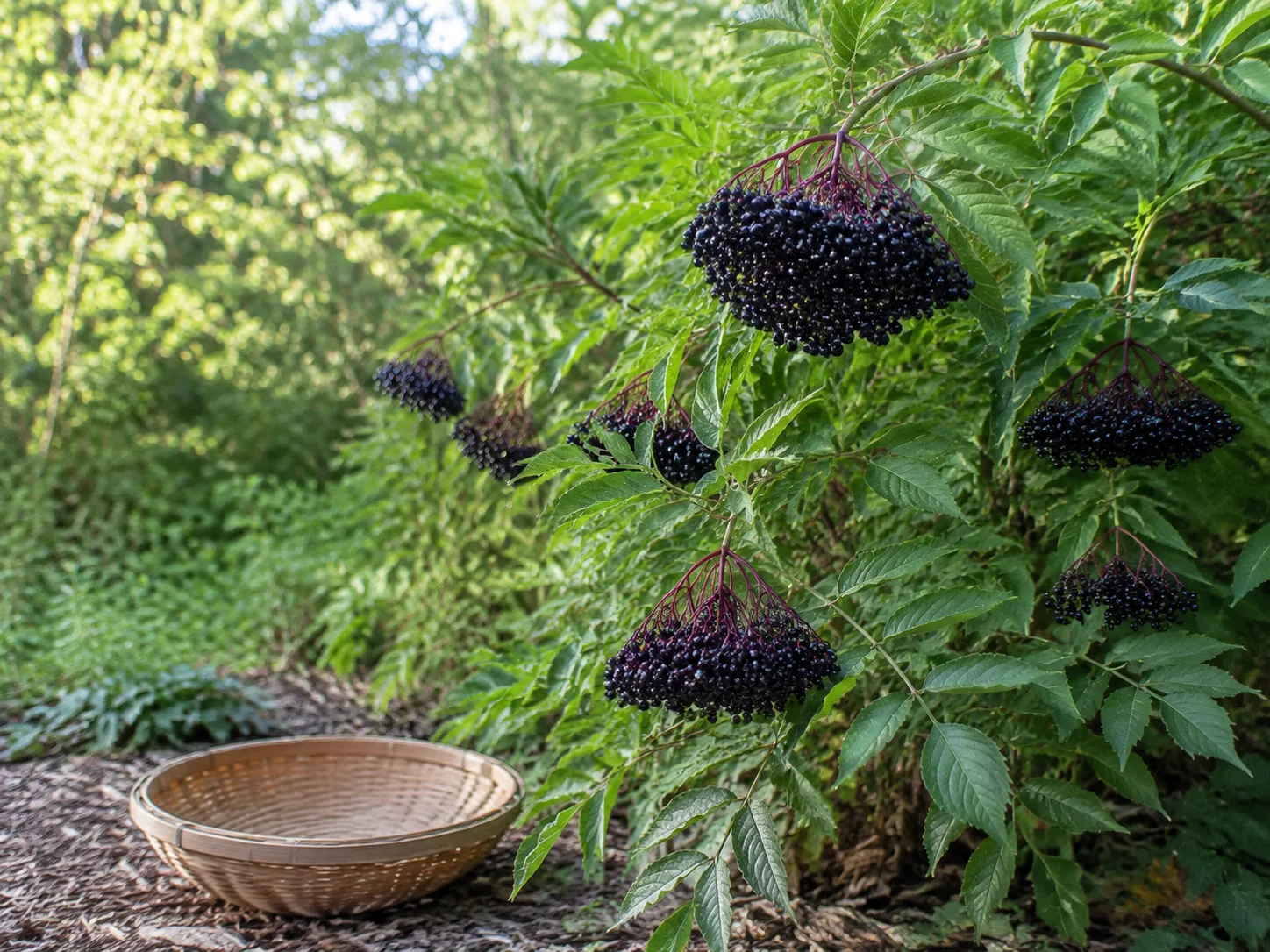 Ripe dark purple-black American elderberries hanging in clusters on a garden shrub