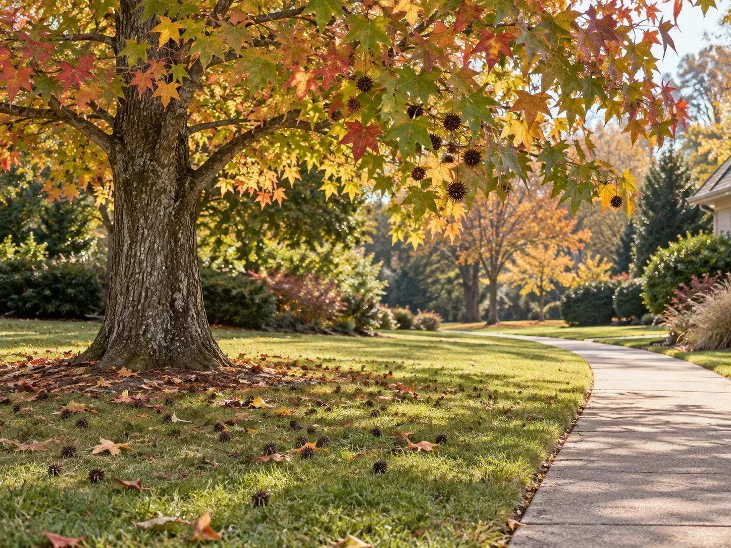 American sweetgum branches with spiny fruit and fallen gumballs kept on lawn away from a walkway