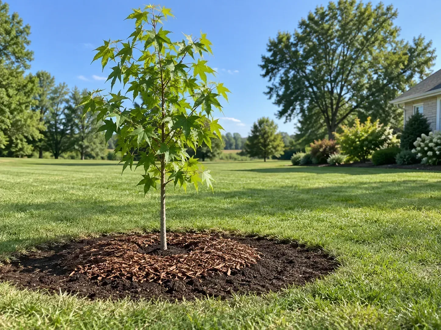 Young American sweetgum planted in a broad sunny lawn with an open mulched root zone