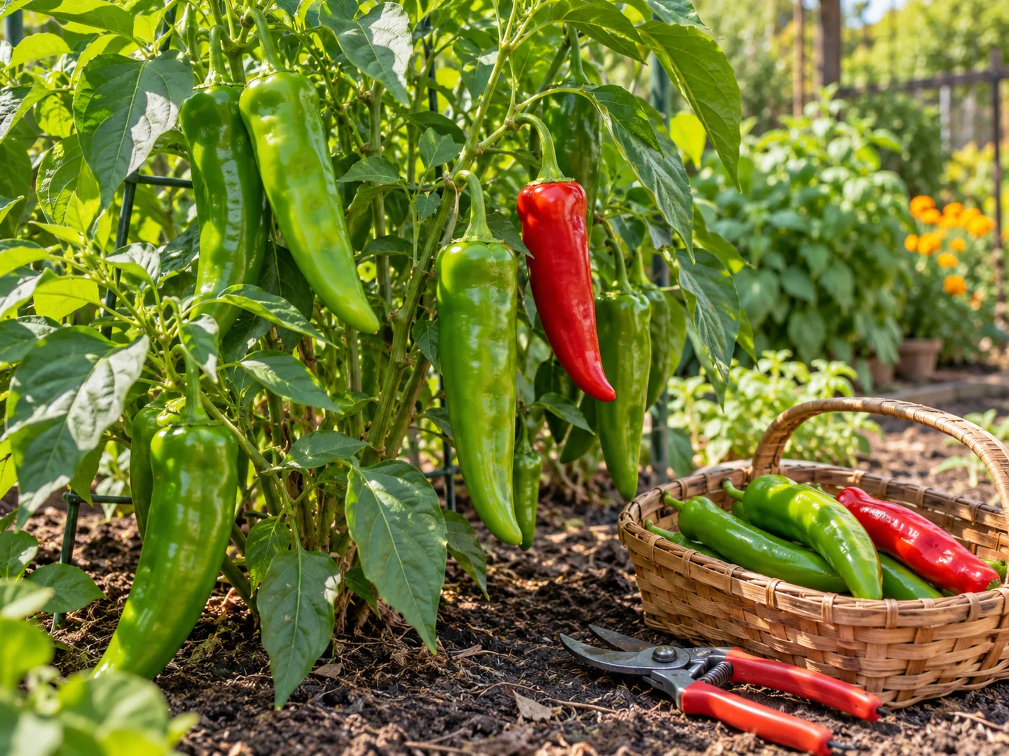 Long green and red Anaheim peppers on a healthy plant beside a small harvest basket.