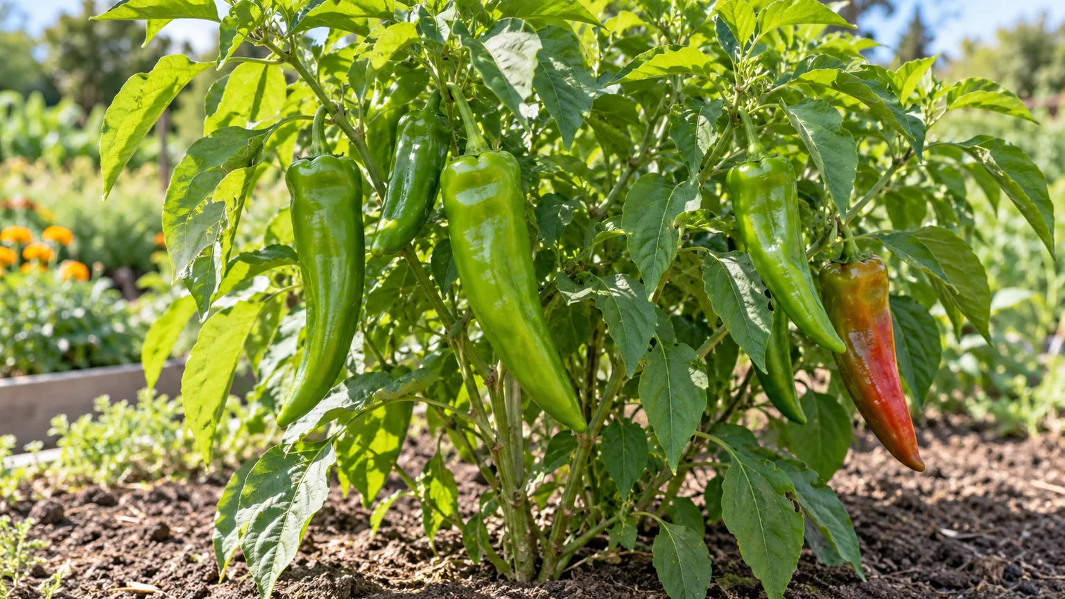 Healthy Anaheim pepper plant with long green chiles and one ripening red fruit in a sunny garden.