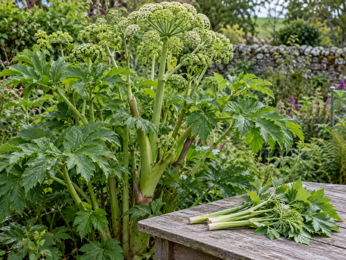 Young angelica stems gathered beside a mature flowering plant in a garden border