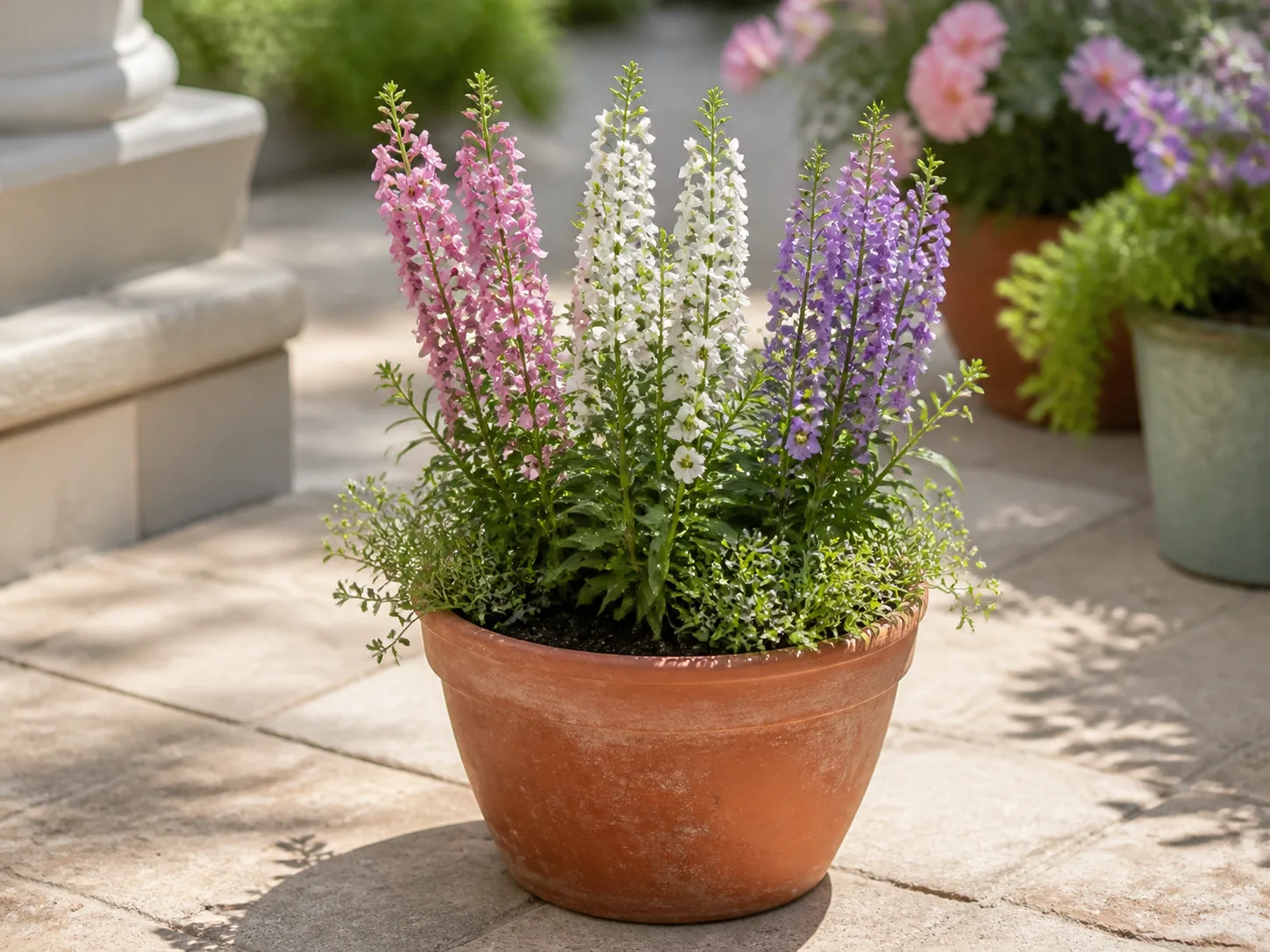 A terracotta container with pink, white, and lavender angelonia used as an upright summer display on a sunny patio.