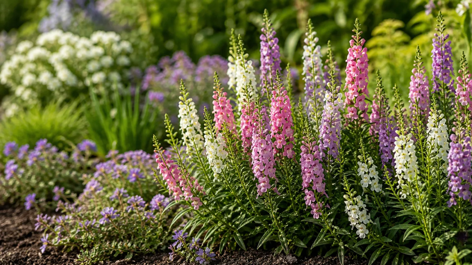 Pink, white, and lavender angelonia flower spikes growing in a sunny summer garden