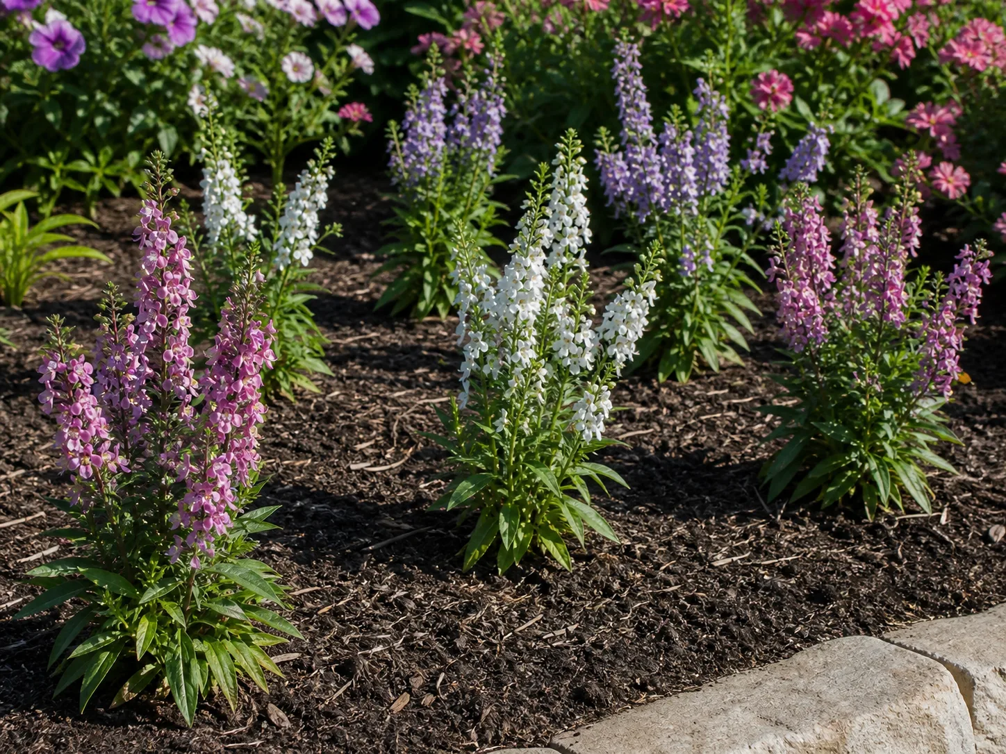 A sunny garden bed with pink, white, and lavender angelonia spaced to leave room for mature plants and visible airflow.